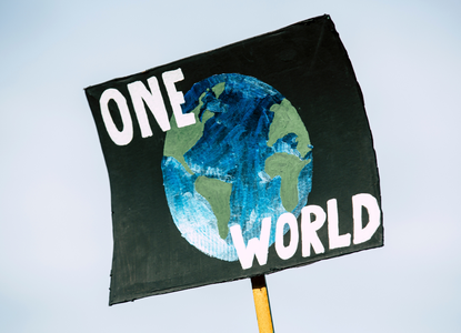 A protest sign with a painted globe and the words ONE WORLD written in white letters against a light blue sky.