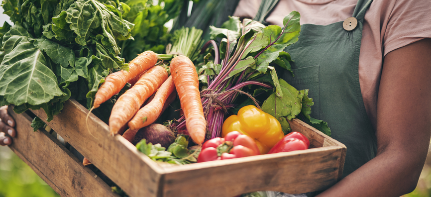 Close up of someone holding a wooden box full of vegetables
