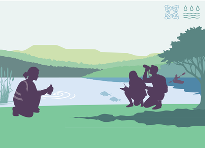 Illustration showing a lake with a few people doing citizen science to monitor the freshwater quality
