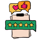Illustration to depict feedback - it shows documents with 5 stars over it, plus icons for a thumbs up and heart