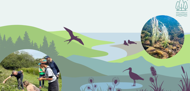 A nature-themed collage with a green landscape, birds and animals in illustration, a circular photo of a waterfall/river, and a small scene of people working in a field