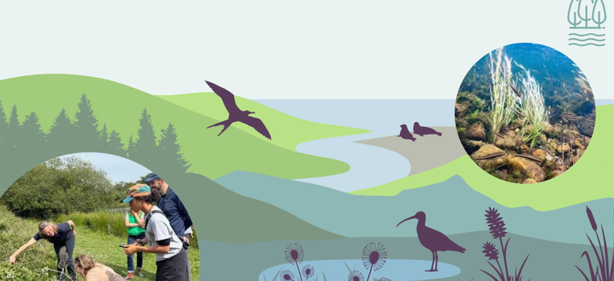 A nature-themed collage with a green landscape, birds and animals in illustration, a circular photo of a waterfall/river, and a small scene of people working in a field