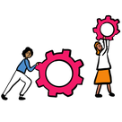 Illustration showing two people pushing cogs