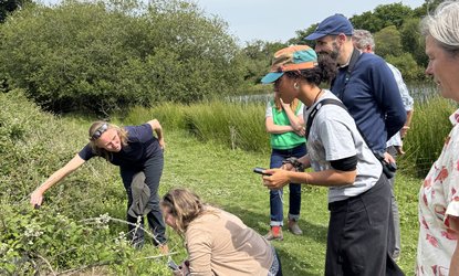 People working together outdoors in a green field, crouching and holding tools while tending plants and tying or installing lines among the grass.