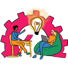 Illustration about learning with two people on their laptops working together and a big light bulb above them.