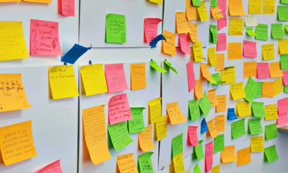 White wall with lots of colourful post-it notes