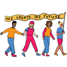 Young people leading the way carrying a banner that says 'We create the future'