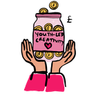 Hands holding up a jar of money labeled 'Youth-Led Creativity'