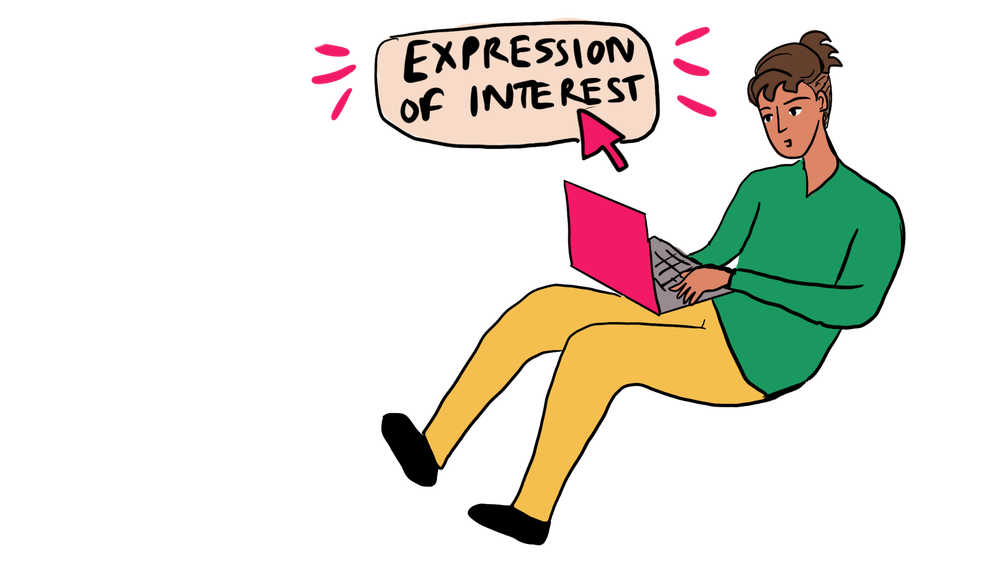 Illustration of a person on a laptop submitting an expression of interest